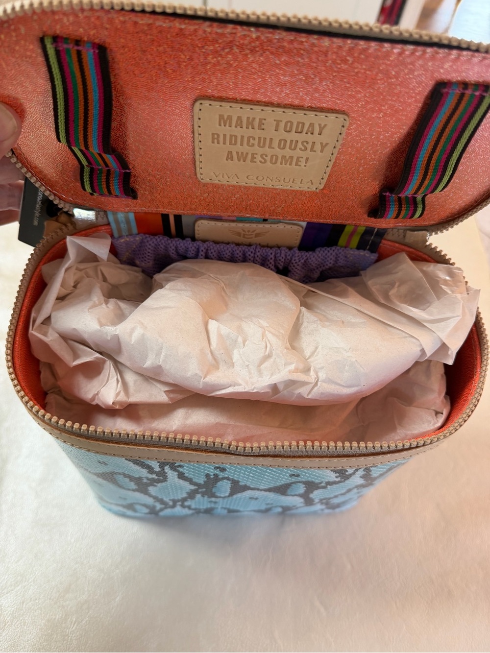 Consuela Turquoise Snake-Print Cosmetic Case with Tan Trim - Picture 7 of 9